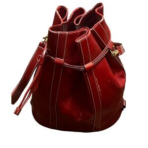 Lancel Paris 1876 Red Leather Crossbody Bucket Bag Gold Hardware Purse